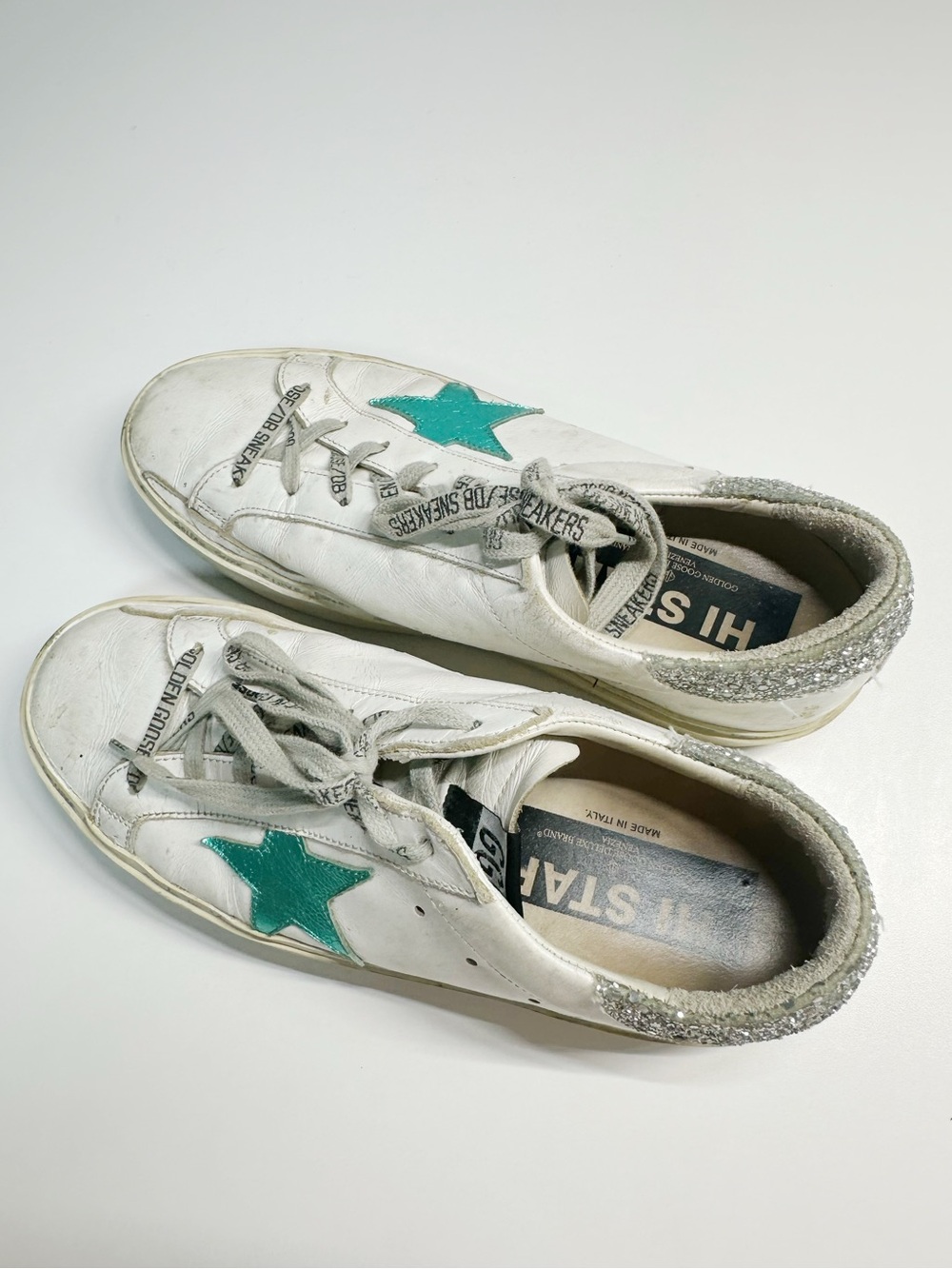Golden Goose White Sneakers with Teal Star and Silver Glitter Heel